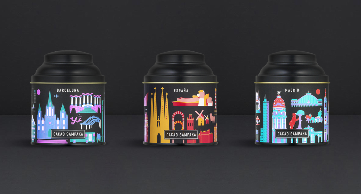 Diseño de la colección Tentaciones, packagings turísticos para vender en los aeropuertos españoles. Cacao Sampaka para Sibarium.
