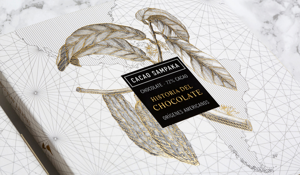 Diseño de packaging para la colección Historia del chocolate, Cacao Sampaka.