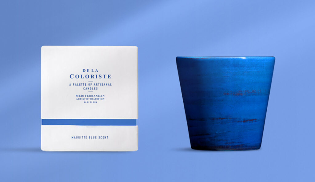 Diseño de packaging para De la Coloriste, marca de velas artesanales inspiradas en el Mediterráneo.